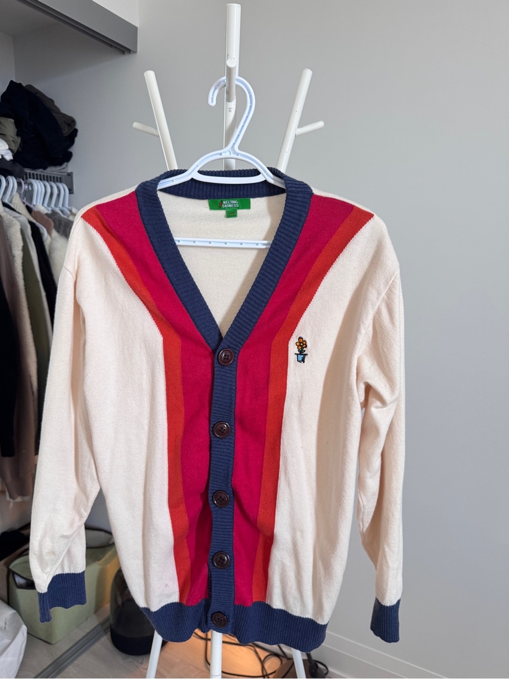 Medium Cream V-Neck Cardigan Sweater with Red & Navy Stripes